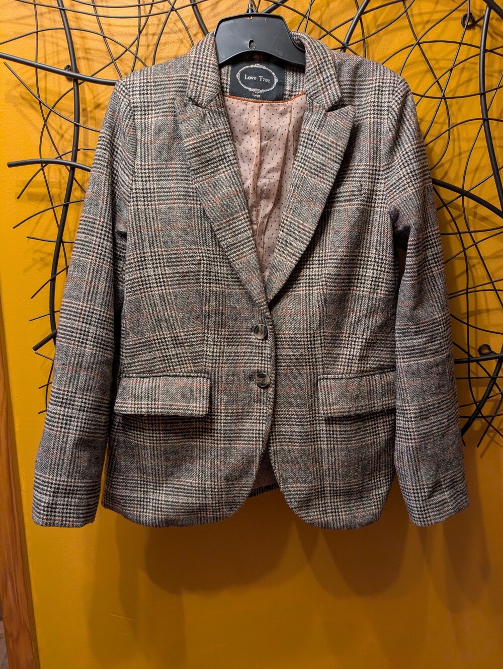 Love Tree Women’s Plaid Blazer Jacket Size Large-Suede Elbow Patches & Polka Dot